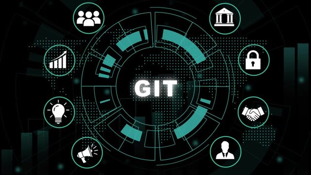 Dynamic git software development version control system concept with animated hud interface, digital network coding infrastructure, and futuristic data visualization for tech presentations