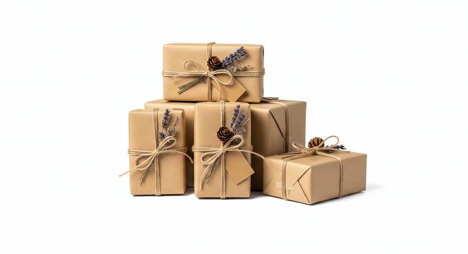 Set of rustic eco-friendly gift boxes wrapped in brown kraft paper with twine bows and pine branches on vintage wooden table for festive celebration
