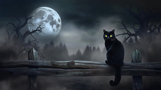 Black cat sitting on rustic wooden fence under full moon in spooky misty forest environment for dark fantasy motion footage