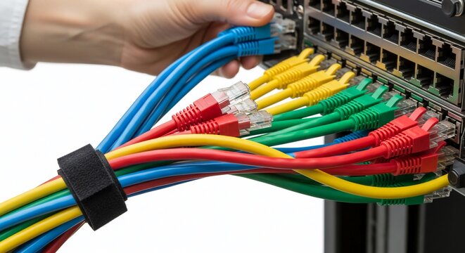 Close-up of blue and yellow ethernet network cables plugged into a professional server rack during a cloud computing hardware deployment process.