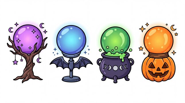 Magic crystal ball and cauldron vector icon set containing purple sphere on tree blue sphere on bat stand green cauldron with bubbling potion and orange sphere on jack o lantern. Halloween art