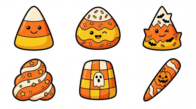 Halloween candy and sweet treats solid icon set containing icons for Candy Corn Sprinkles Witch Hat Swirl Ghost Pattern and Jack o Lantern for seasonal celebration and holiday party