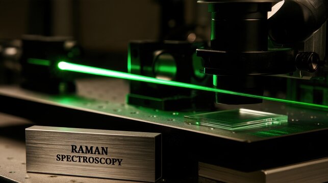 A bright green laser beam shines across an optical microscope during Raman spectroscopy analysis.