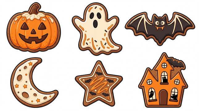 Halloween gingerbread cookies set containing icons for jack o lantern pumpkin spooky ghost flying vampire bat crescent moon night star and haunted house for autumn holiday baking projects