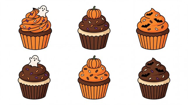 Halloween cupcakes vector icon set containing orange frosting little ghosts chocolate cupcakes tiny pumpkins black bats and colorful sprinkles for party decoration and spooky food designs