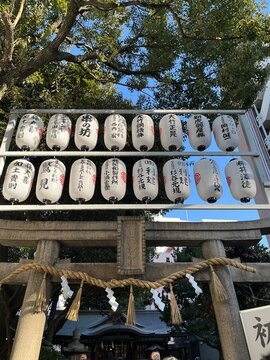 Paper lanterns above a stone torii gate with shimenawa rope at a Japanese shrine, New Year visit (hatsumode)
