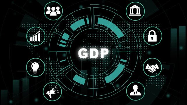 Dynamic gdp growth concept with animated digital hud interface, global economic indicators, financial data visualization, corporate strategy and futuristic technology motion background