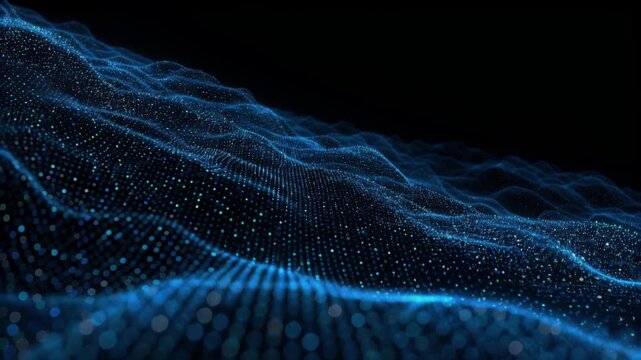Blue Particle Wave Flowing Smoothly Across Dark Background with Futuristic Digital Motion for Tech and Data Visualization Concepts