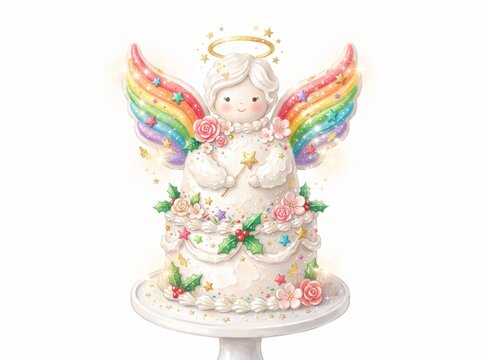 Christmas angel cake decorated with rainbow wings and holly on a white cake stand against white