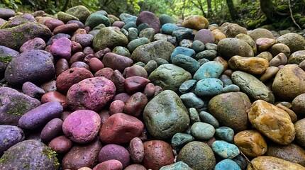 Obraz premium Colorful river stones in rainbow gradient, vibrant smooth pebbles in forest stream, multi-colored rock texture for spa and wellness background