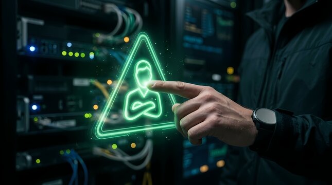It professional touching a digital user profile icon in server room