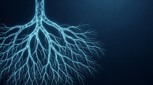 Digital root branching dynamically from dark void, luminous organic structure spreading intricate network