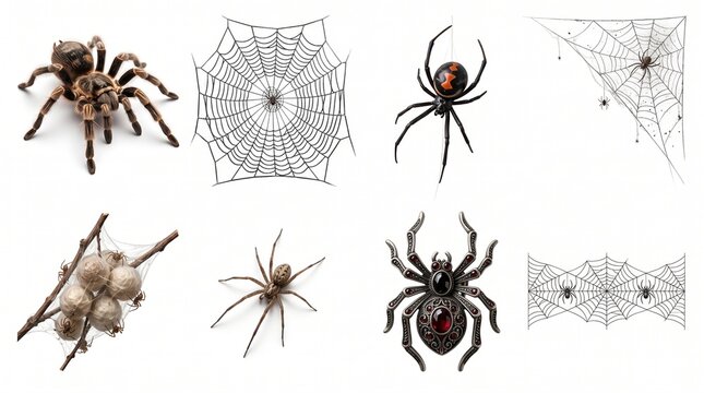 Collection of realistic spider and web designs for festive horror party decoration.