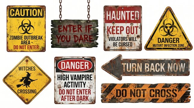 Rusted metal warning signs with zombie outbreak and high vampire activity text.