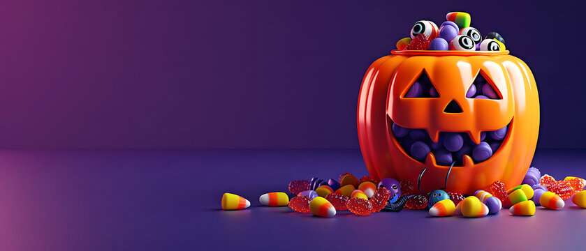 Wide commercial banner featuring a smiling pumpkin bucket filled with purple candies on a solid purple background with massive left copy space