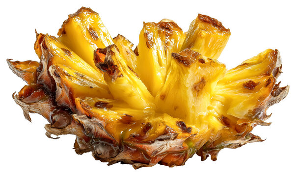 Rotting pineapple chunk with brown oxidized edges and mold spores, displaying decay and texture. fruit vibrant yellow contrasts with deteriorating surface, evoking sense of natural, isolated