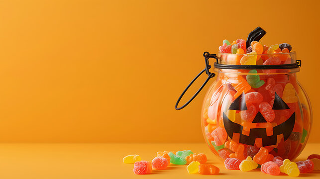 Minimalist commercial still life photography of a glass pumpkin jar filled with gummy candies on a solid orange background