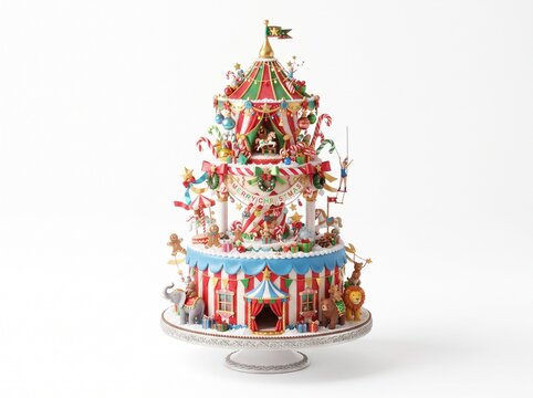 Elaborate multi-tiered Christmas circus themed cake decorated with festive ornaments on a white stand