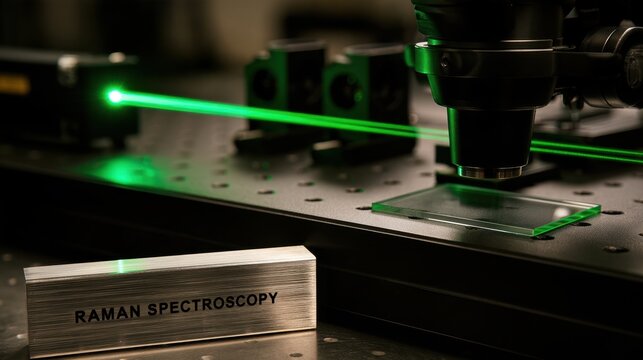 A green laser beam points through optical equipment for Raman spectroscopy analysis in a dark lab.