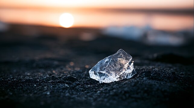 Clear ice chunk on black volcanic sand beach at sunset