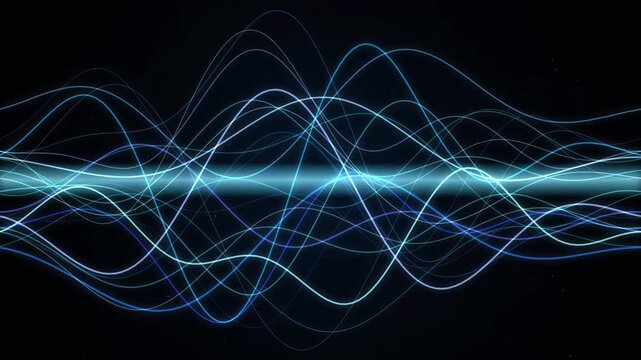 Glowing Blue Digital Sound Wave Frequency Animation Loop on Dark Background for Technology Concept