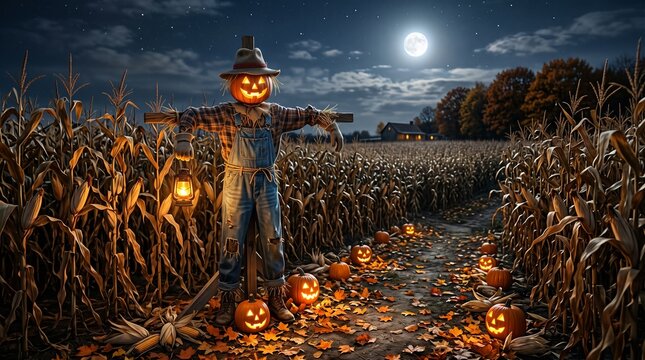 Scarecrow with a glowing jack-o-lantern head stands in the middle of a dry cornfield under the light of a full moon on a crisp autumn evening.