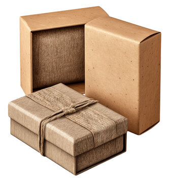 Two eco friendly cardboard boxes with rustic design, featuring textured surface and twine wrapping, perfect for sustainable packaging. boxes are displayed in open and closed position., isolated