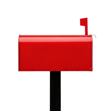 Bright red mailbox with flag on a black post isolated on transparent background