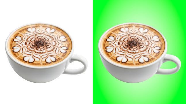 Artistic latte with intricate milk pattern in white cup