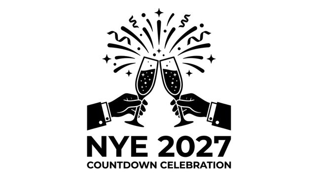 NYE 2027 countdown celebration vector logo with hands clinking champagne glasses and fireworks display