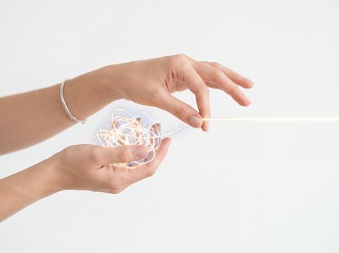 Person hands untangling glowing tangled light strings into straight line representing problem solving concept