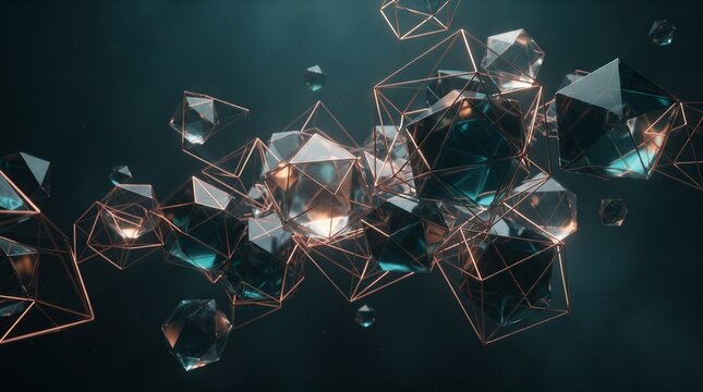 Abstract 3D geometric glass polygons and copper wireframe structures floating symbolizing complex data architecture future technology design.