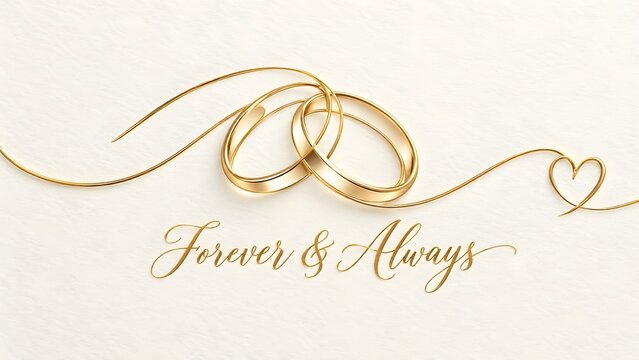 Elegant gold wedding rings intertwined with a delicate golden wire forming a heart shape symbolizing eternal love and commitment. The text Forever Always is elegantly scripted below.