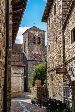 Saint Peter church in the beautiful village Anso, Pyrenees region, Huesca, Aragon, Spain.