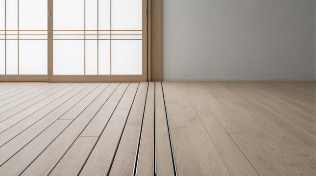 Minimalist interior architecture showing a zero-threshold transition with wide-plank oak decking and a flush-mounted linear drain