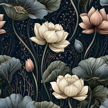 Elegant Lotus Floral Seamless Textile Pattern on Navy Background with Vintage Botanical Illustration