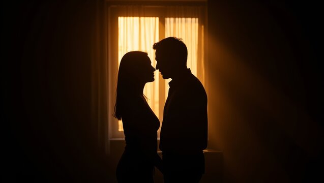 Silhouette of a couple showcasing affection and intimacy, standing in close proximity with a gentle golden glow coming from a nearby window