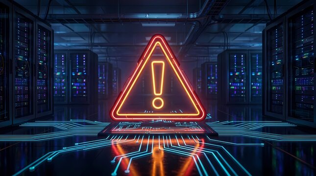Neon warning sign glowing in a hightech server room data center