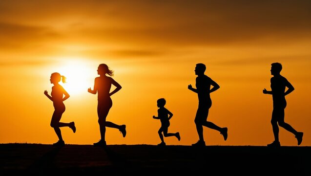 Family group training outdoors at sunset. Silhouettes of adults and children running, representing fitness, well being, and bonding