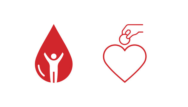 Red blood donation and heart charity icons isolated on a clean white background representing hope and help.