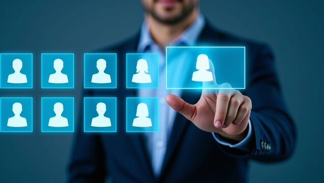 Business person interacting with a virtual screen, choosing a woman's icon from multiple user profiles, representing hiring decisions