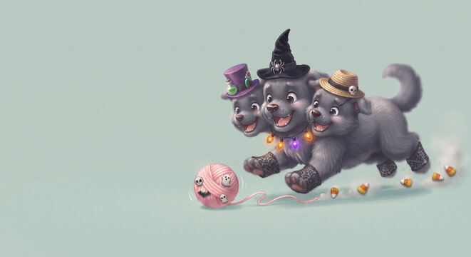 Cute three-headed cerberus puppy chasing a spooky pink yarn ball for halloween