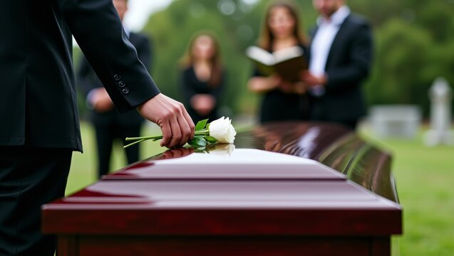 Person in black suit placing a white rose on a dark coffin, attending a somber outdoor funeral service