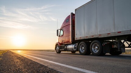 Red Semi Truck with White Trailer on Highway Road at Sunset for Logistics and Transport