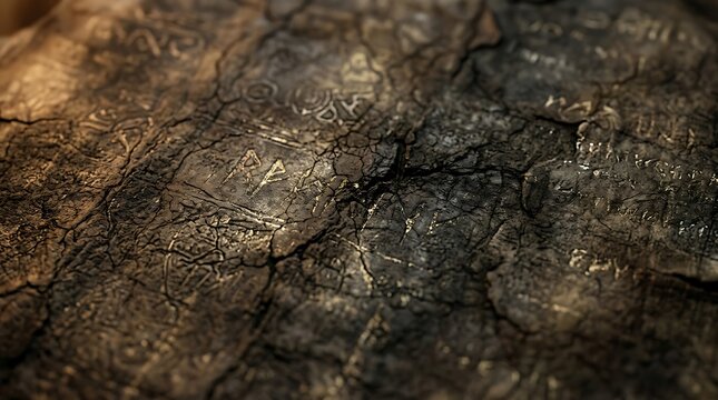 Ancient stone surface with carved runic symbols and deep weathered cracks