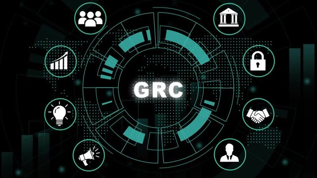 Governance risk and compliance grc concept with digital hud interface featuring corporate for business strategy, data security, financial regulation, and enterprise management solutions animation