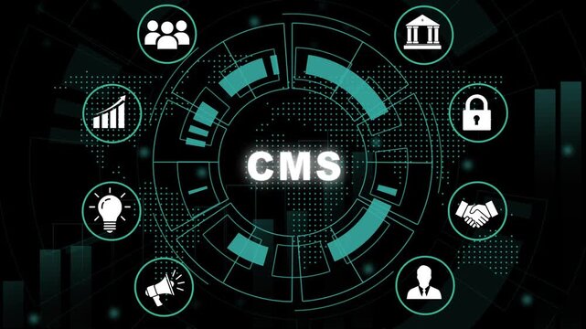 Dynamic cms management system concept with animated digital interface for business growth, web development, data security, marketing strategy, and global corporate network connectivity solutions