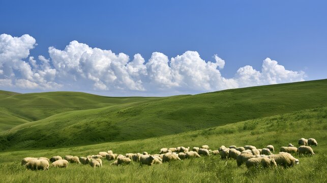 Flock of sheep grazing on green hills under blue sky with clouds