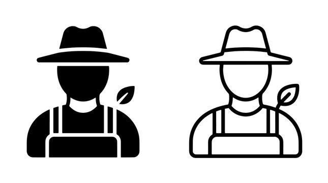 Minimalist farmer icons wearing hat with leaf symbol in vector outline and solid styles