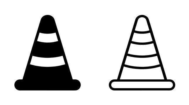 Minimalist traffic cone icons set featuring solid and outline vector styles